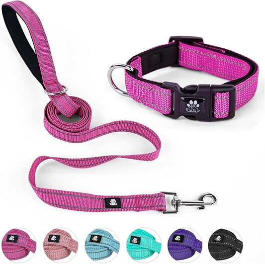 NESTROAD Reflective Dog Collar and Leash Set,Soft Neoprene Pet Collar with Quick Release Buckle,Adjustable Nylon Dog Collars for Small Medium Large Dogs(Medium Collar + 5FT Leash,Fuchsia Pink)