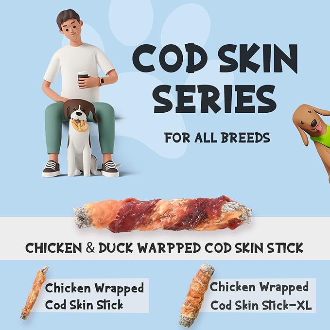 ASMPET Dog Treats, Chicken&Duck Wrapped Cod Skin Rich in Omega 3 Rawhide-Free Grain-Free High Protein Low Fat Healthy Dog Chews for Small Medium Large Breeds 10.6 oz