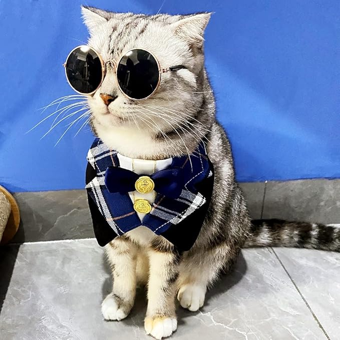 Dog Tuxedo Formal Cat Wedding Bandana Collar with Bow Tie Cat Birthday Costume Dog Wedding Attire Valentines Outfit Pet Gentlemen Sunglasses (Black)