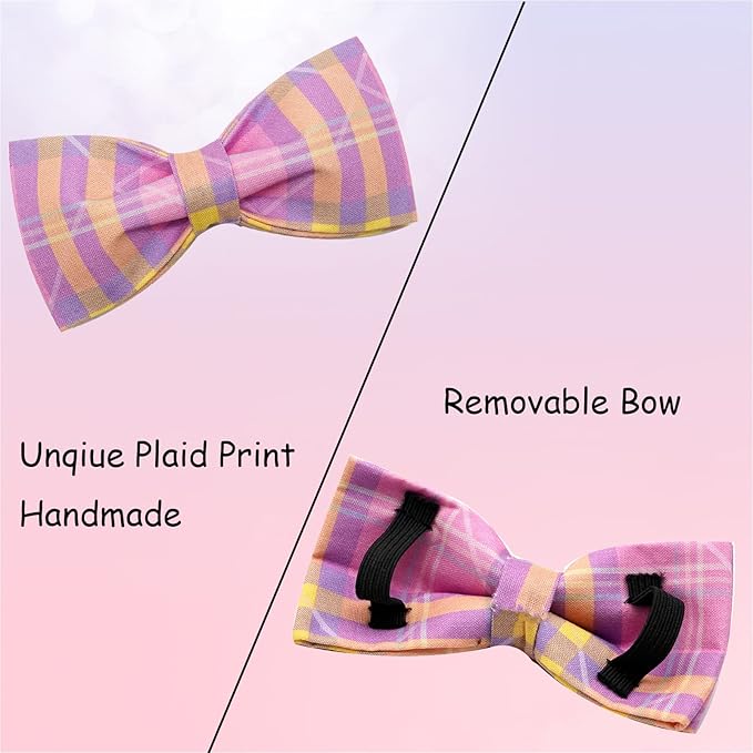 Girl Dog Collar, Pink Plaid Adjustable Collar with Bow Girl Pet Collar Bowtie Duarble Puppy Collars for Small Medium Large Dog
