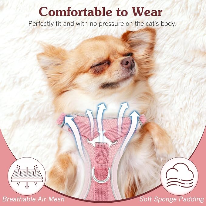 Cat Harness and Leash Set for Walking, Adjustable Kitten Vest Harness with Reflective Strip Breathable Mesh, Escape Proof Soft Pet Safety Vest for Cats, Kittens, Puppies, XL, Pink