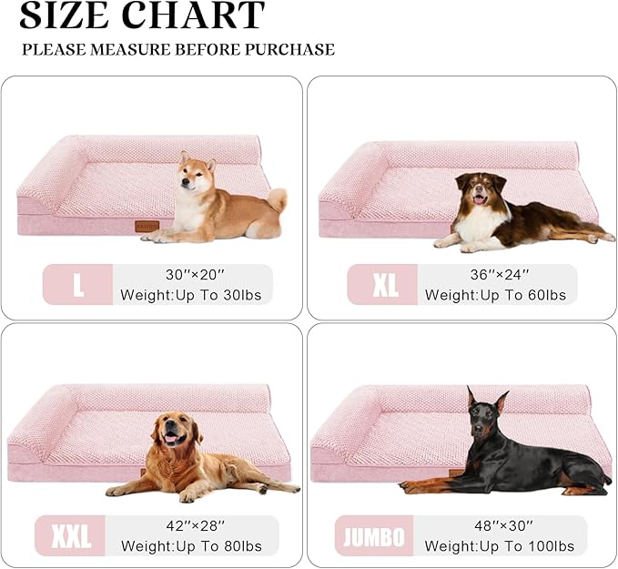 Orthopedic Jacquard XL Dog Bed for Large Dogs 42''X28'', Waterproof L Shaped Big Large Pet Sofa Bed with Washable Removable Cover, Non-Slip Soft Warm Comfortable Pet Couch Sleep Mat, Pink