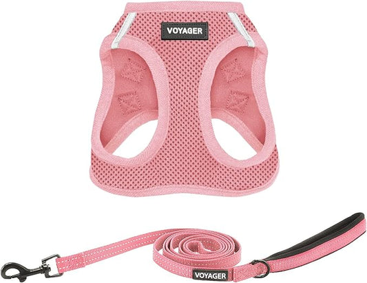 Voyager Step-in Air All Weather Mesh Harness and Reflective Dog 5 ft Leash Combo with Neoprene Handle, for Small, Medium and Large Breed Puppies by Best Pet Supplies - Harness Leash Set (Pink), L