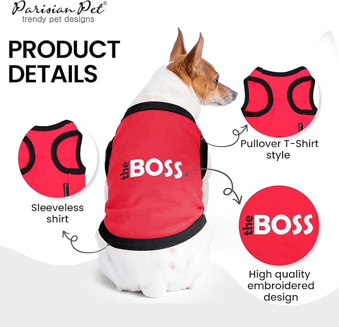 Parisian Pet Dog T-Shirt with Embroidered 'The Boss' - Lightweight Dog Clothes - Sleeveless Dog Outfit Boss - Dog Shirts for Small Dogs, S