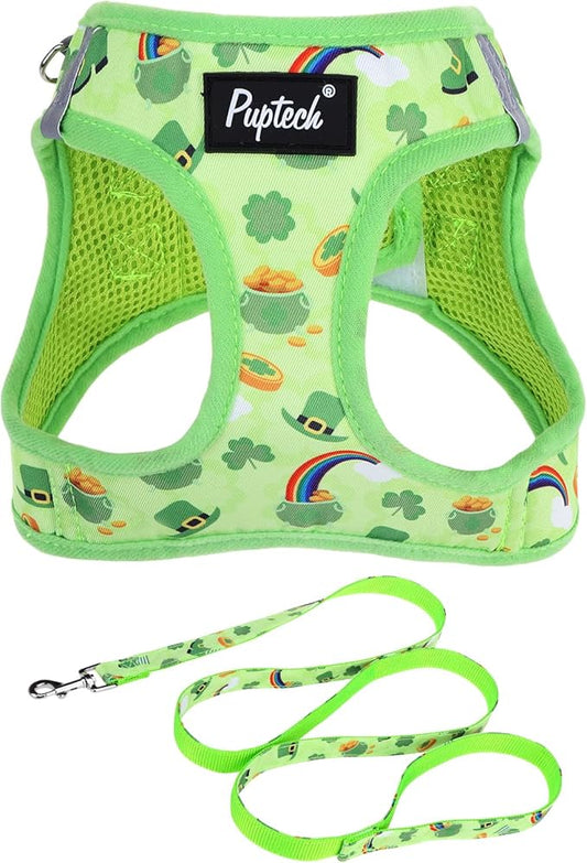 PUPTECK Dog Harness and Leash Set for Small Medium Dogs No Pull Step-in Soft Mesh Puppy Cat Vest Harnesses Reflective at Night, St. Patrick's Green, S