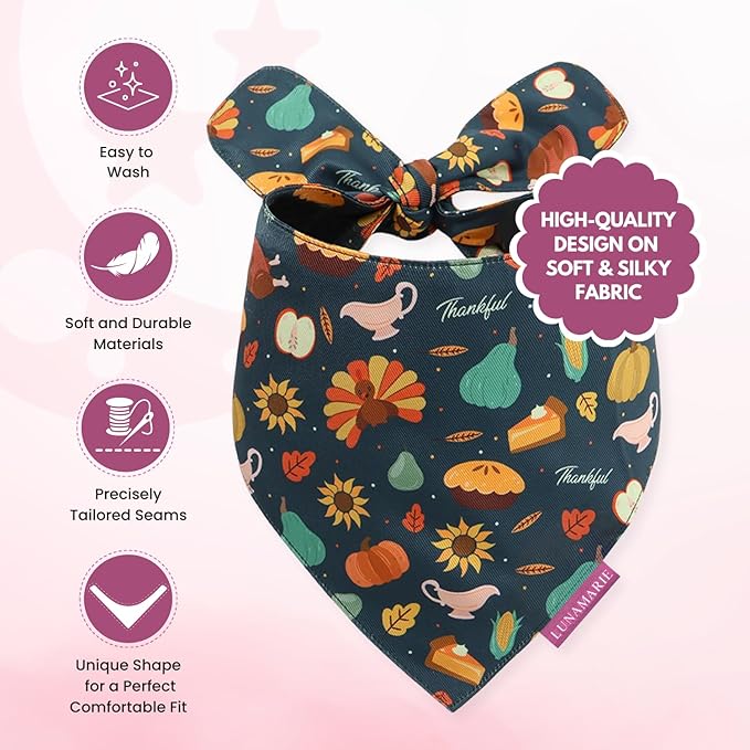 Luxury Pet Birthday Bandanas -Premium & Silky Poly Fabric | 100% Handmade | Custom Shape Dual Layered (Thanksgiving, Large)