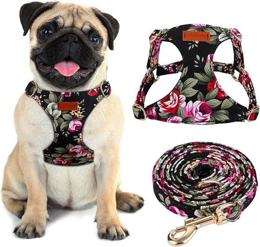 CHEDE No Pull Floral Pattern Dog Harness - Lightweight and Soft, Adjustable Small Dog Harness Set with Leash, Suitable for Puppy to Medium-Sized Dog (M, Black Flower)