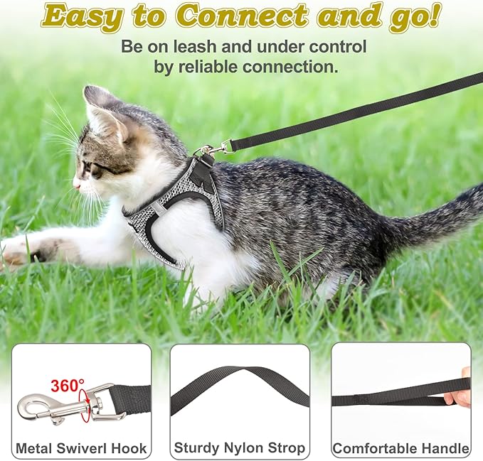 Cat Harness and Leash for Walking Escape Proof, Adjustable Kitten Vest Harness Reflective Soft Mesh Puppy Harness for Outdoor, Comfort Fit, Easy to Control (Grey, L)