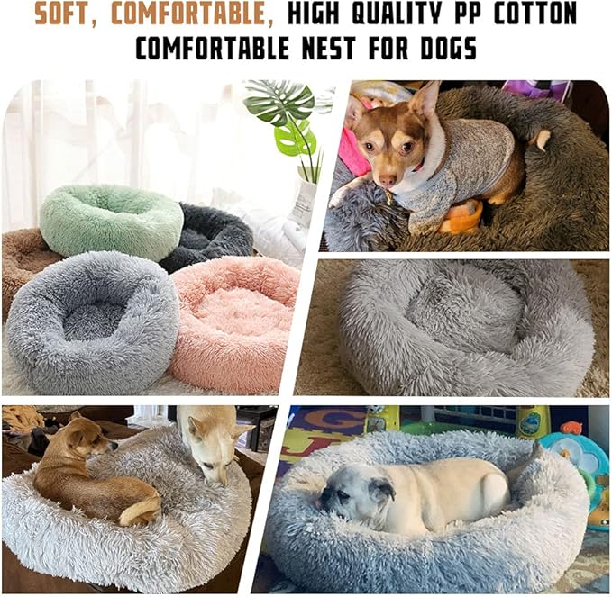 Dog Calming Beds for Small Medium Dogs - Round Donut Washable Dog Bed, Anti-Slip Faux Fur Fluffy Donut Cuddler Anxiety Cat Bed(Light Grey 28")