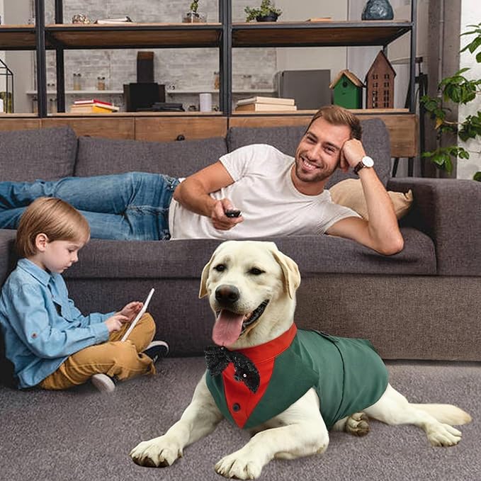 Kuoser Christmas Dog Tuxedo and Bandana Set, Party Suit, Prince Wedding Bow Tie Shirt, Formal Wedding Attire for Large and Medium Dogs, Golden Retriever, Samo, Bulldogs