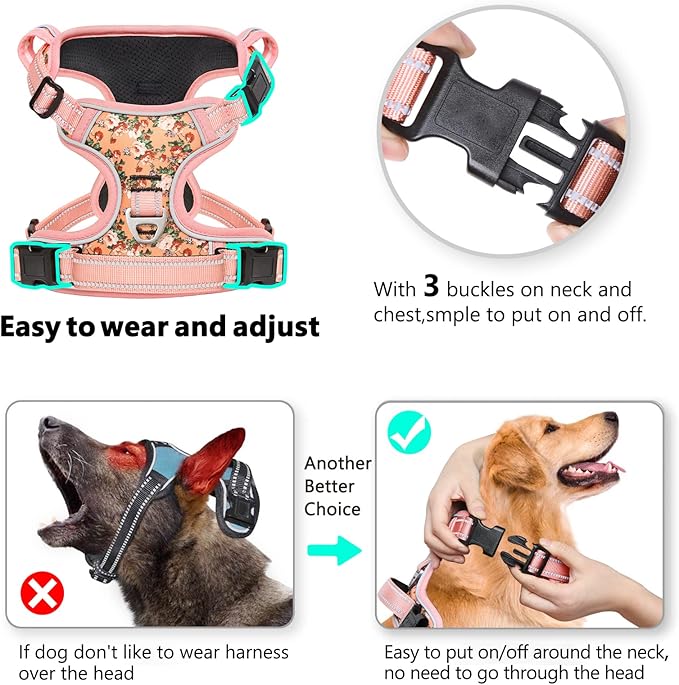 Timos No Pull Dog Harness,NO Need Go Over Dogs Head 3 Snap Buckles Reflective Oxford No Choke Puppy Harness with Front & Back 2 Metal Leash Clips Soft Padded for Small Medium Large Dogs