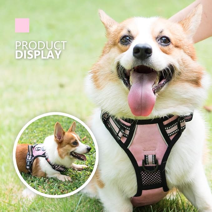 PoyPet No Pull Dog Harness, [Release on Neck] Reflective Adjustable No Choke Pet Vest with Front & Back 2 Leash Attachments, Soft Control Training Handle for Small Medium Large Dogs(Light Pink,M)