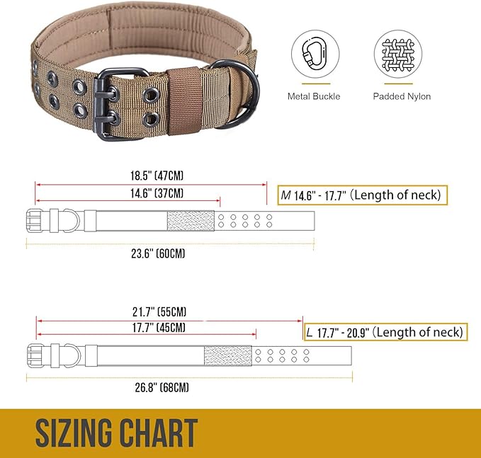 OneTigris Military Adjustable Dog Collar with Metal D Ring & Buckle 2 Sizes (Coyote Brown, L)