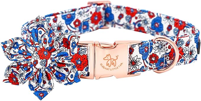 Elegant little tail Independence Dog Collar, Blue with Red Flower Dog Collars Holiday Dog Collar with Flower Pet Gift Adjustable Puppy Collar for X-Small Puppy