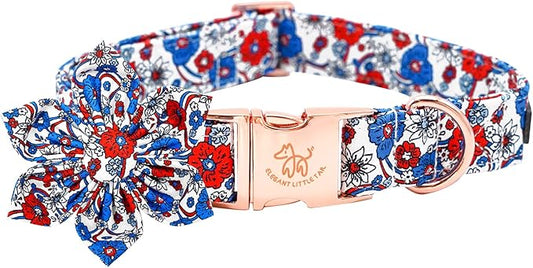 Elegant little tail Independence Dog Collar, Blue with Red Flower Dog Collars Holiday Dog Collar with Flower Pet Gift Adjustable Puppy Collar for X-Small Puppy
