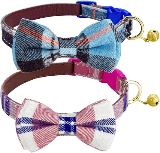 KUDES 2 Pack/Set Dog Collars with Bow Tie and Bells, Adjustable Cute Dog Bow Ties Collar for Small/Medium/Large Boys and Girls Pets (Pink+Blue, S(9.6''-13.8''))