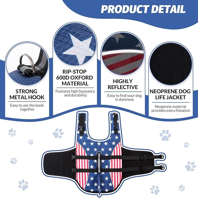 Queenmore Medium Dog Life Vest for Boating, American Flag Dog Life Vest for Swimming, Lightweight Medium Dog Life Jacket with Shark Fin/Rescue Handle/Leash Hook, M