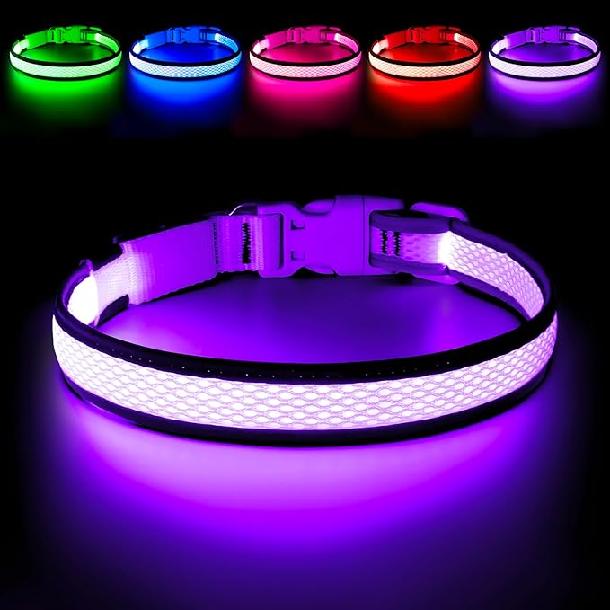Flashseen LED Dog Collar, USB Rechargeable Light Up Dog Collar Lights, Adjustable Comfortable Soft Mesh Safety Dog Collar for Small, Medium, Large Dogs (Purple, Small)