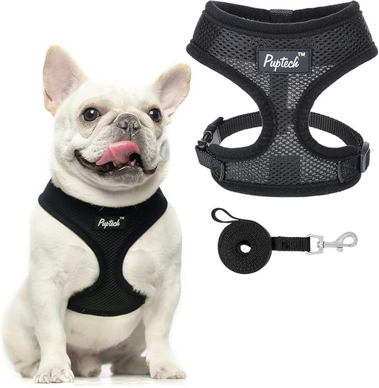 PUPTECK Soft Mesh Dog Harness and Leash Set Pet Puppy Cat Comfort Padded Vest No Pull Harnesses, Solid Black, S
