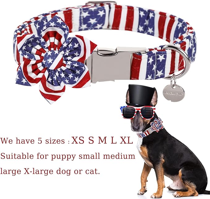 Dog Collar with Flower, 4th of July Comfortable Cotton Dog Collar, American Flag Collar for Medium Girl Dog, Patriotic Flower Collar with Metal Buckle, M
