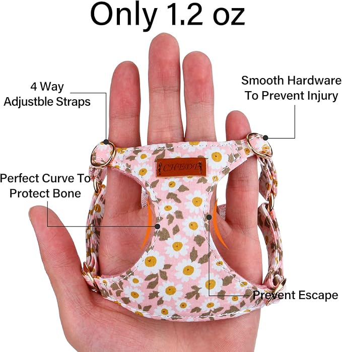 CHEDE No Pull Floral Pattern Dog Harness- Lightweight, Soft, Adjustable Small Harness and Leash Set, Suitable for Puppy Small and Medium-Sized Dog (XXS, Pink Daisy)
