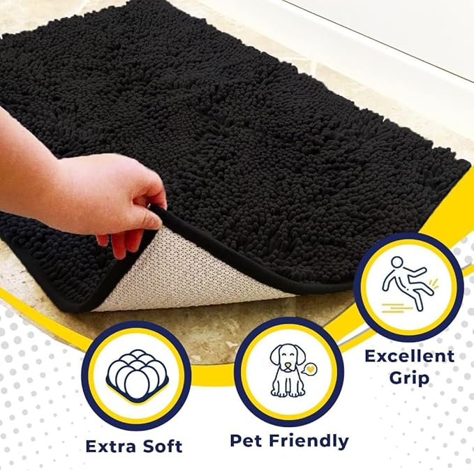 Muddy Mat® Shown on TV – Super Absorbent Microfiber Dog Door Mat for Muddy Paws, Non-Slip Washable Pet Rug, Quick Dry Chenille Entryway Carpet, Machine Washable Indoor Outdoor mat, Black 59"x35"