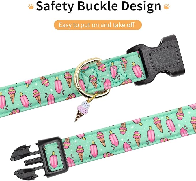 Cotton Dog Collar,Adjustable Cute Puppy Collar with Moon Patterned Design for Small Medium Large Dogs,Soft and Fancy Pet Collar with Safety Buckle for Girl Boy Dogs (Green Ice Cream, S)