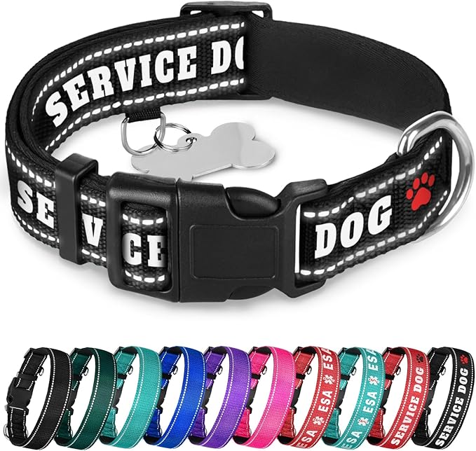 TECEUM Reflective Pet Collar – Black - Service Dog – XL – Extra Soft Padding – Basic Nylon Dog Collar – Quick Release Buckle – Fits Small, Medium and Large Dogs, Puppies, Cats