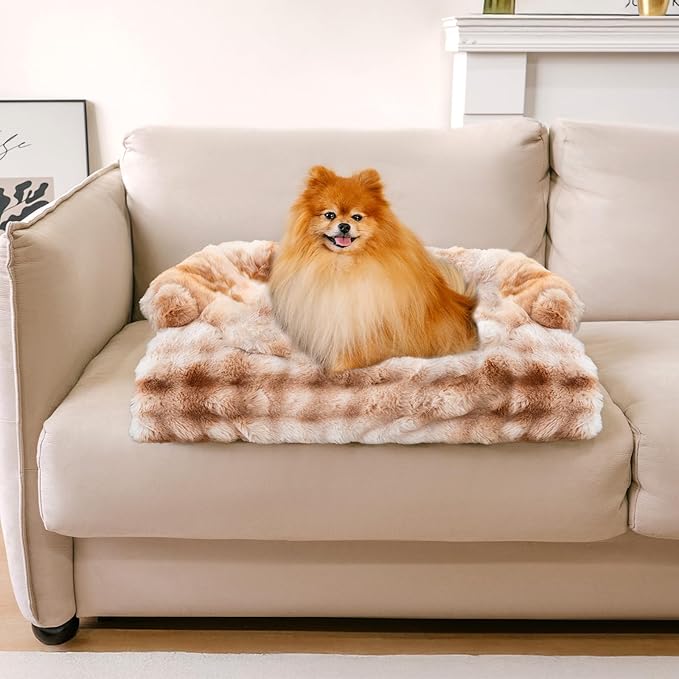 FUNNYFUZZY Calming Dog Bed Mat, Fluffy Fuzzy Couch Cover for Sofa, Furniture Protector with Removable Washable Cover for Large Medium Small Dogs and Cats (Tie-dye Brown,27.56 × 24.02 × 5.51 in)