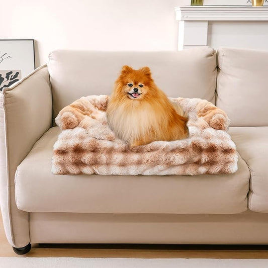 FUNNYFUZZY Calming Dog Bed Mat, Fluffy Fuzzy Couch Cover for Sofa, Furniture Protector with Removable Washable Cover for Large Medium Small Dogs and Cats (Tie-dye Brown,27.56 × 24.02 × 5.51 in)