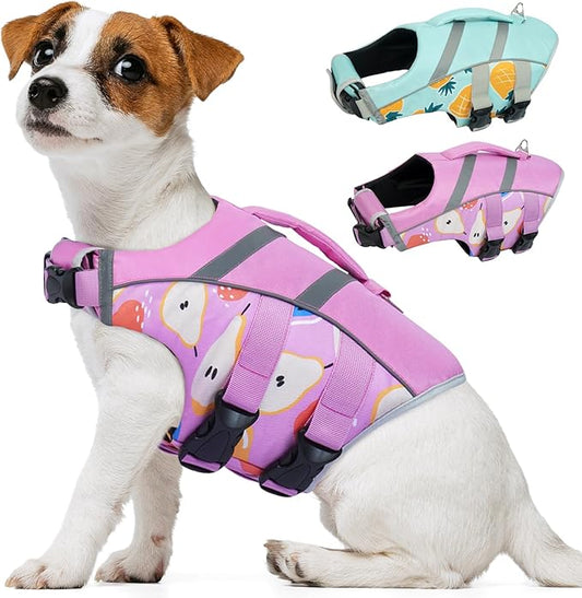 Kuoser Dog Life Jacket with Reflective Stripes, Puppy Water Vest for Swimming Boating, Adjustable High Visibility Dog PFD Vest with High Flotation Swimsuit, Pear XS