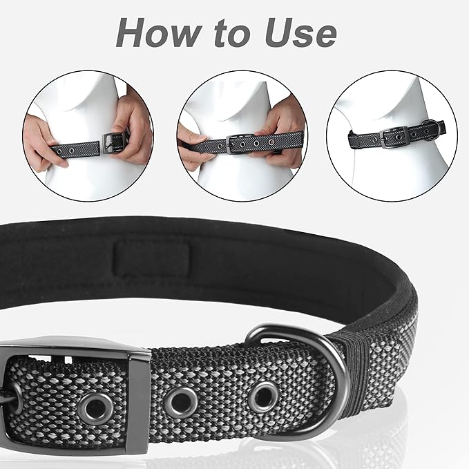 PetiFine Neoprene Padded Dog Collar, Heavy Duty Comfort Dog Collar with Durable Metal Buckle, Reflective Adjustable Belt Buckle Dog Collars for Small Medium Large Dogs(24''-28'', Black)