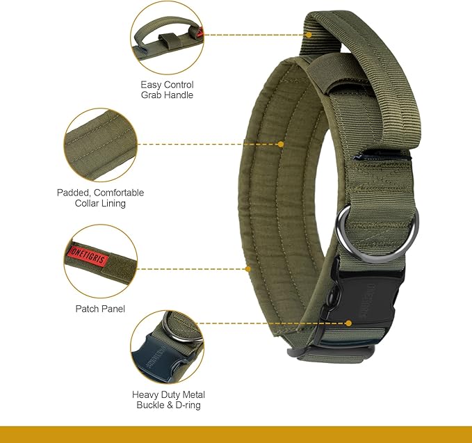 OneTigris Tough Dog Collars, Tactical Dog Collar with Handle, Milltary Adjustable Dog Collar with Heavy Duty Metal Buckle for Training (Large(Pack of 1), Green)