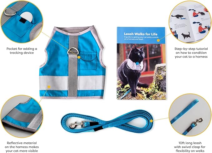 CAT SCHOOL Cat Harness and Leash Set for Outdoor Walks, Training, and Travel - Secure, Soft, Comfortable Cat Vest Harness with 10' Long Cat Leash - Easy to Use with Step-by-Step Instructions