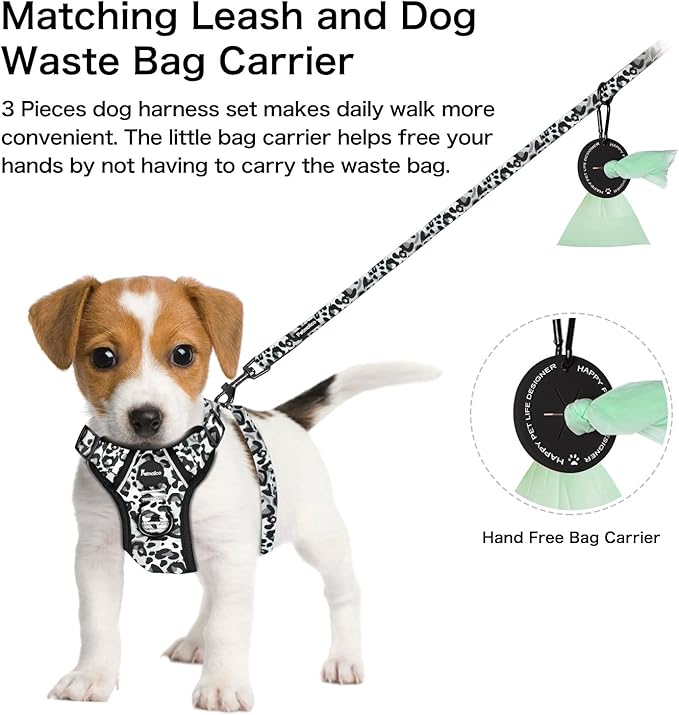 Petmolico Dog Harness for Small Dogs, Cute Harness Vest with Two Leash Clips and Soft Handle, Reflective Easy Walk Puppy Vest - Grey Leopard, Medium