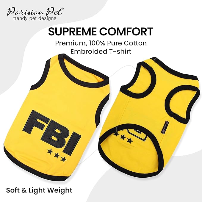 Parisian Pet Dog T-Shirt - Embroidered FBI Tank Top - 100% Cotton, Breathable Dog Clothes - Sleeveless Pet Vest - Machine Washable Yellow Tee Shirts for Medium Dogs - M