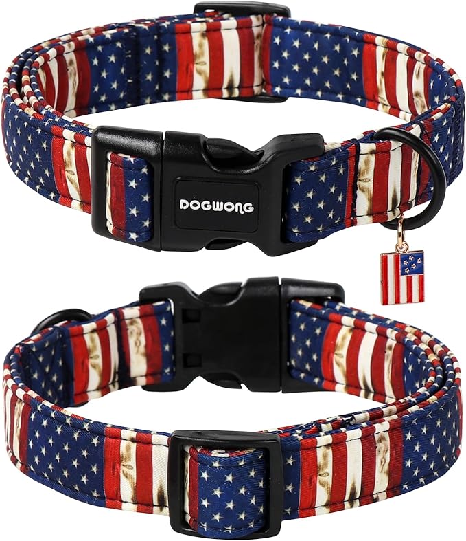 DOGWONG American Flag Dog Collar, Patriotic Independence Day Dog Collar Durable Soft Fabric Pet Dog Collars US Flag Boy Puppy Necklace for Small Medium Large Dogs