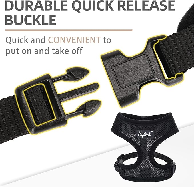 PUPTECK Soft Mesh Dog Harness and Leash Set Pet Puppy Cat Comfort Padded Vest No Pull Harnesses, Solid Black, S
