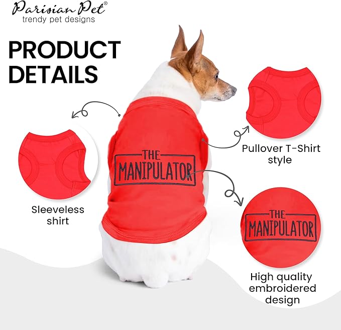 Parisian Pet Dog Tshirt - Embroidered “ Manipulator “ Tank Top - Breathable and Lightweight Dog Clothes - Sleeveless Red Tee Shirts - Machine Washable Shirt for Small Dogs - S