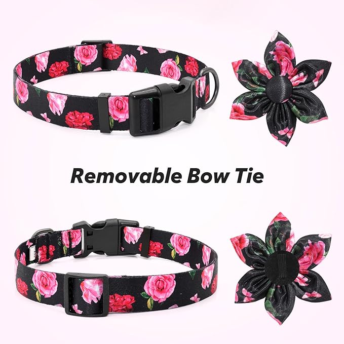 Floral Girl Pink Dog Collar with Rose Flower Bow Tie for Cute Female Cats & Dogs - Small to Large Sizes