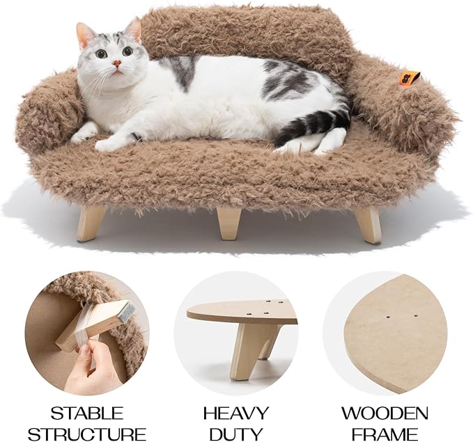MEWOOFUN Removable Washable Cover Cat Bed - 26"x18.3"x8.5" Elevated Wooden Pet Sofa for Cats & Small to Medium Dogs, Modern Pet Furniture (Brown)