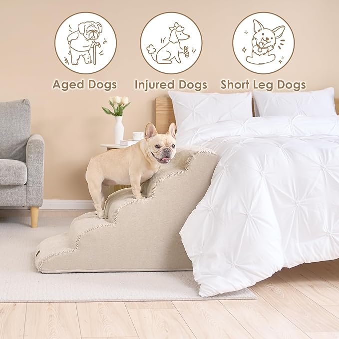 EHEYCIGA Curved Dog Stairs Ramp for High Beds 22.6" H, 5-Step Dog Steps for Small Dogs and Cats, Pet Stairs for High Bed Climbing, Non-Slip Balanced Pet Step Indoor, Beige