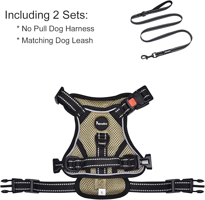 Petmolico No Pull Dog Harness, No Choke 4 Leash Attchments Easy Control Handle Soft Padded Reflective Vest Dog Harness for Leash Set, Army Yellow Medium