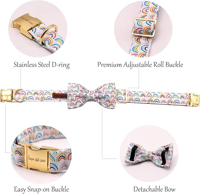 Unique style paws Rainbow Colorful Dog Collar with Bow Pet Gift Adjustable Soft and Comfy Bowtie Collars for Small Medium Large Dogs