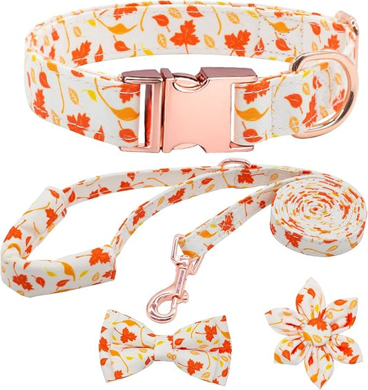 Dog Collar and Leash Set Girls Adjustable Puppy Collars with Floral Bow Tie for Small Medium Large Female Dogs, Orange Maple Leaf, S