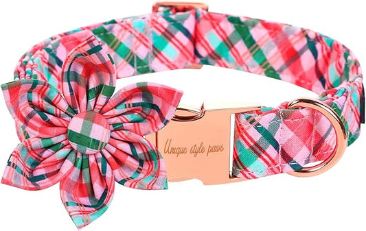 Unique style paws Dog Collar with Flower Pink & Green Plaid Dog Collar Best Gifts for Small Medium Large Dogs -L