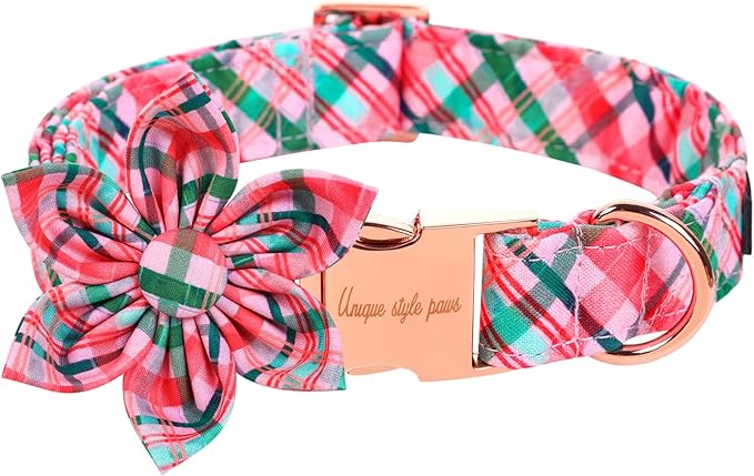 Unique style paws Dog Collar with Flower Pink & Green Plaid Dog Collar Best Gifts for Small Medium Large Dogs -S
