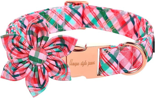 Unique style paws Dog Collar with Flower Pink & Green Plaid Dog Collar Best Gifts for Small Medium Large Dogs -M