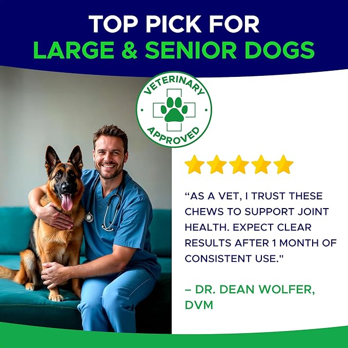 Glucosamine for Dogs Hip & Joint Supplement - Chondroitin, Omega-3, MSM - Joint Health & Pain Relief - Senior & Large Dogs - Made in USA - 180 Mobility Chews