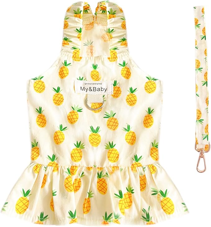 Small Dog Dress Harness and Leash Set Cute Princess Birthday Dog Dresses Soft Fruit Print Puppy Dresses Girl Dog Clothes for Small Dogs Cats Chihuahua Yorkie Shih Tzu (Yellow Pineapple,XL)